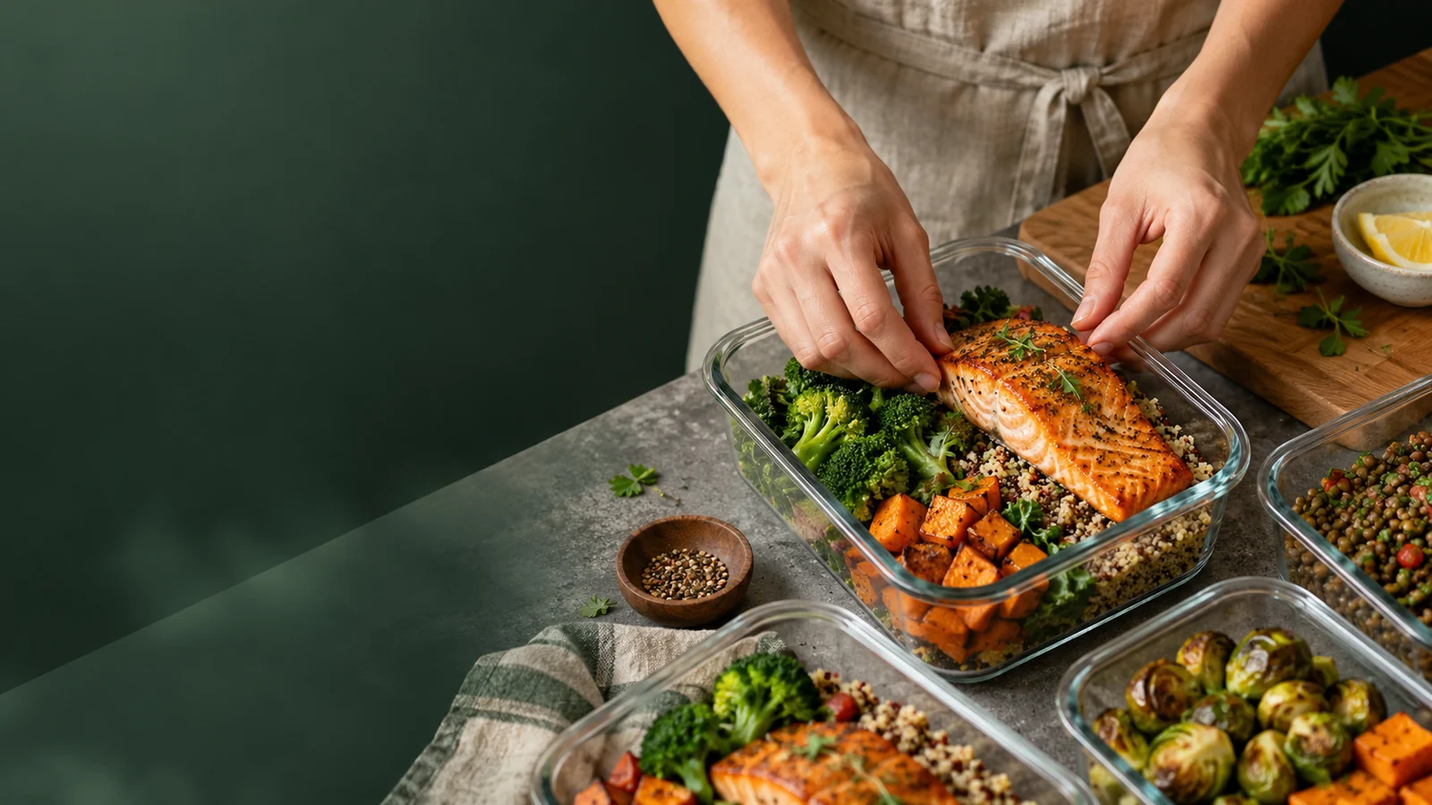 Hands arranging balanced meals in glass containers at AWAREmed in Johnson City, Tennessee.