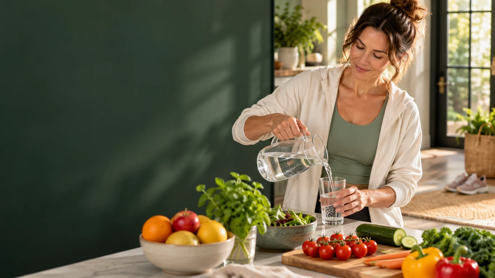 Woman pouring water beside fresh vegetables and fruit at AWAREmed in Johnson City, Tennessee.