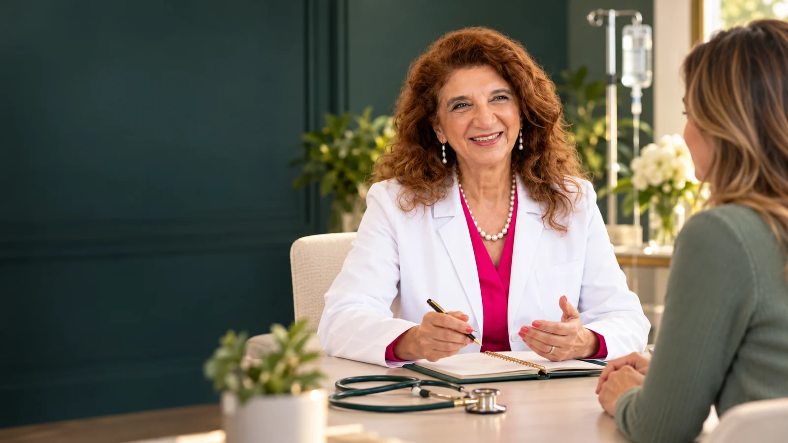 Dr. Dalal Akoury meeting with a patient in a consultation room at AWAREmed in Johnson City, Tennessee.