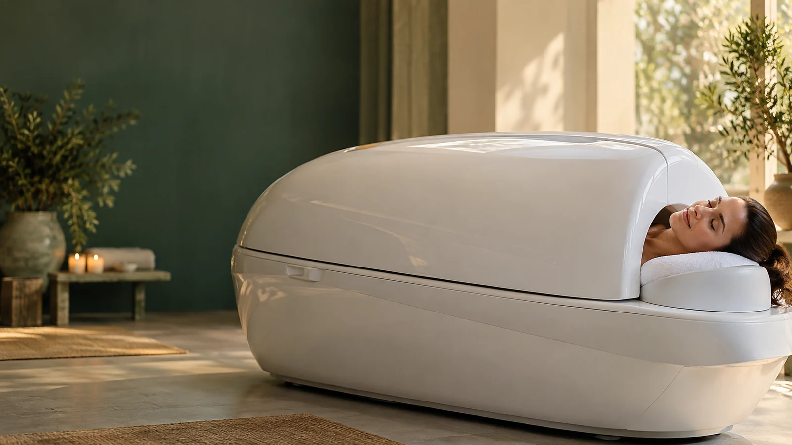 Woman reclining in a horizontal wellness pod with her head resting outside the enclosure at AWAREmed in Johnson City, Tennessee.