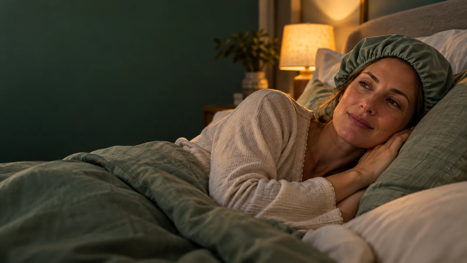 Woman resting in bed beside a softly lit bedside lamp at AWAREmed in Johnson City, Tennessee.