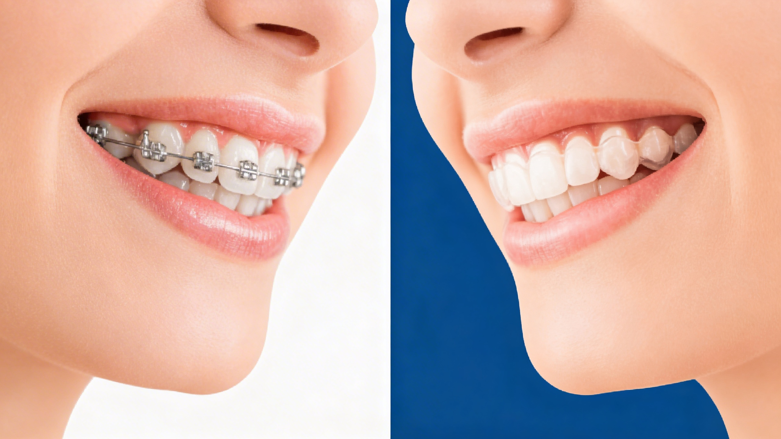 Chica sonriendo a la derecha con unos dientes perfectos con una placa de ortodoncia invisible de invisalign vs chica a la izquierda con ortodoncia de brackets metálicos tradicionales
