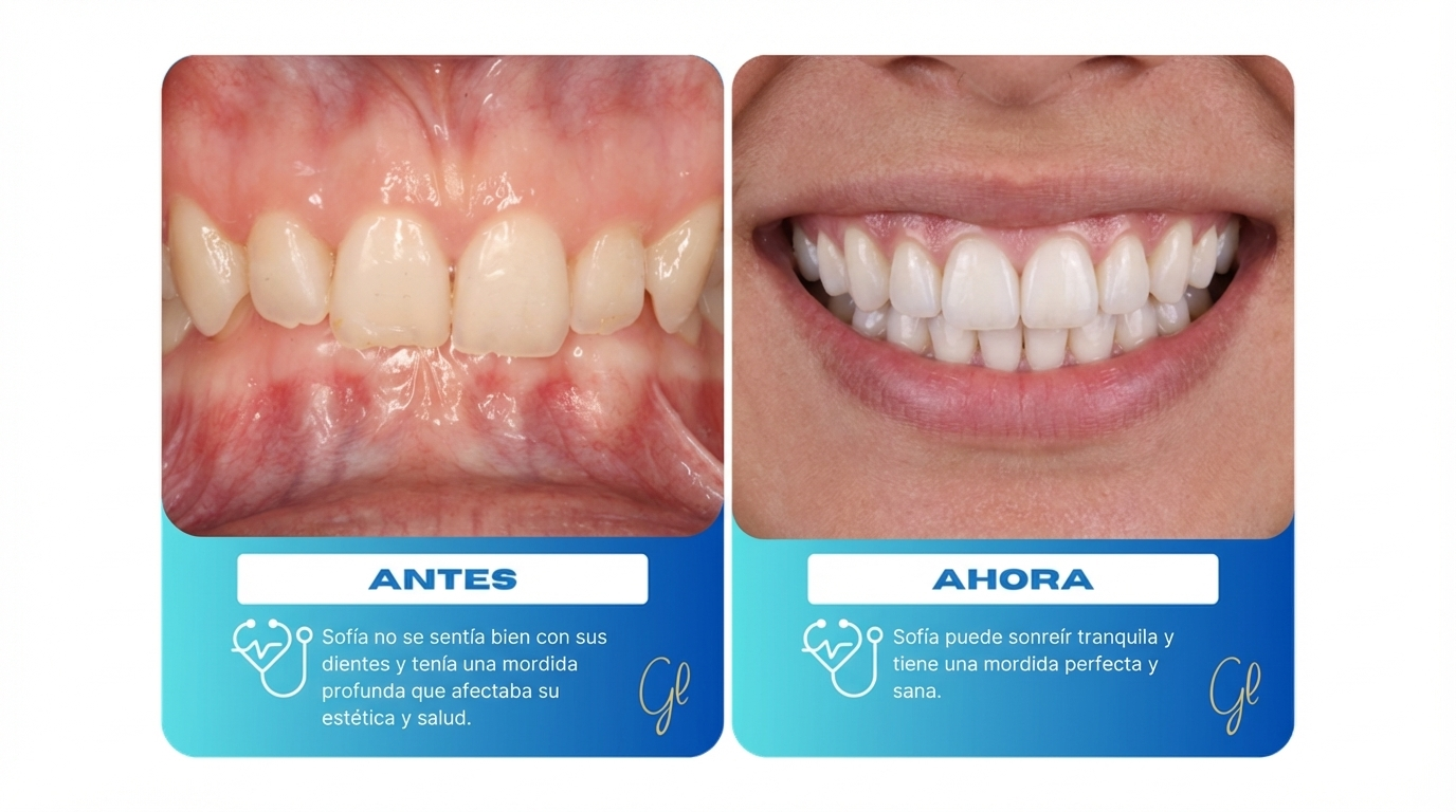antes y después de una mordida profunda que utilizo ortodoncia invisible invisalign para corregir su mordida y quedó con los dientes perfectos y una mordida sana y funcional