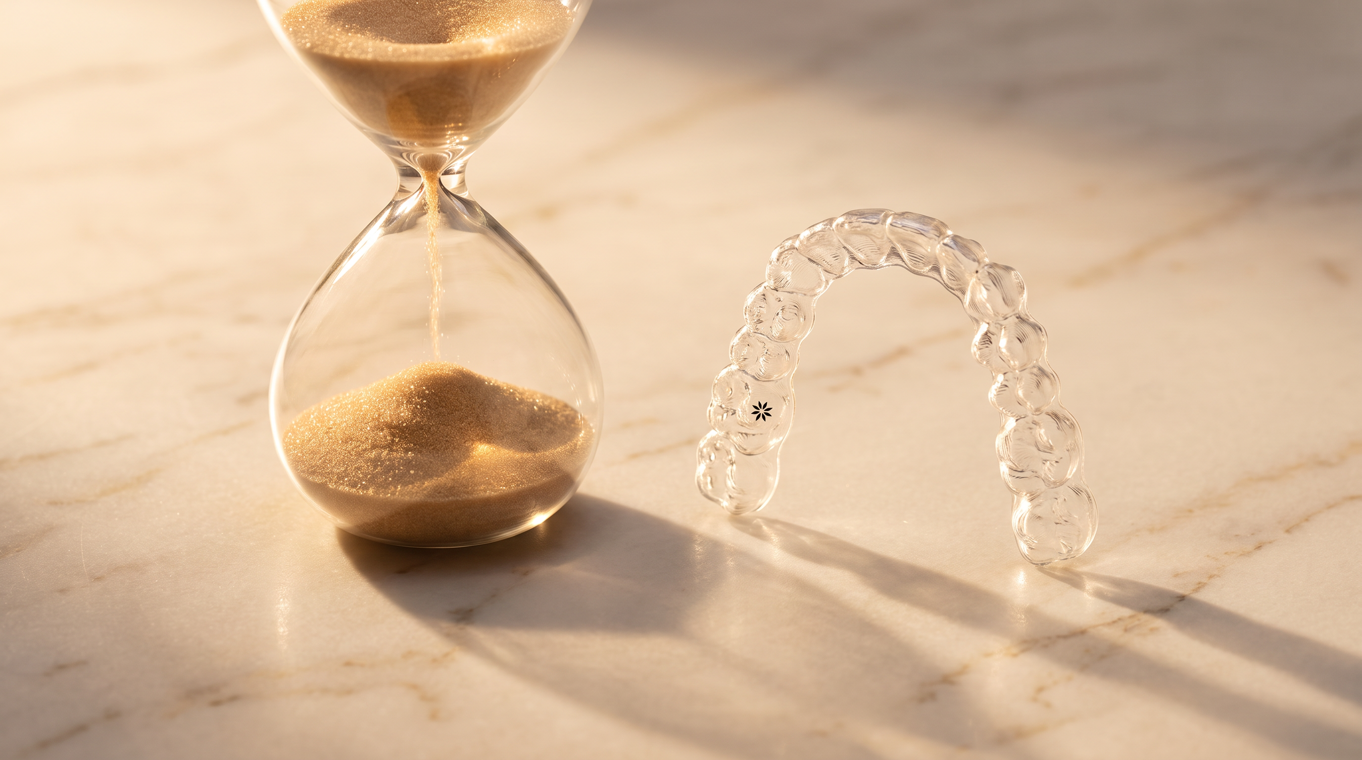 Alineador Invisalign junto a un reloj de arena — cuánto dura el tratamiento