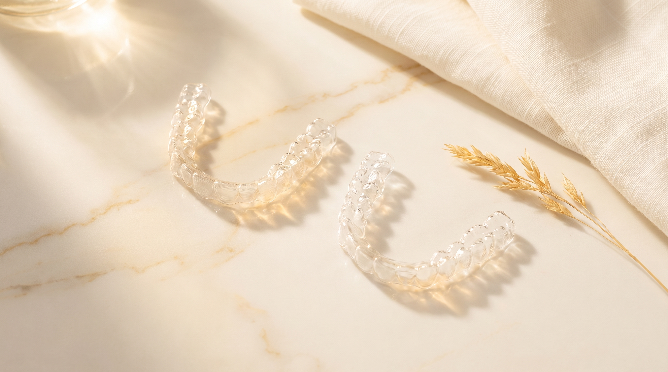 Par de alineadores Invisalign — arcada superior e inferior sobre mármol, cada caso tiene su plan completo
