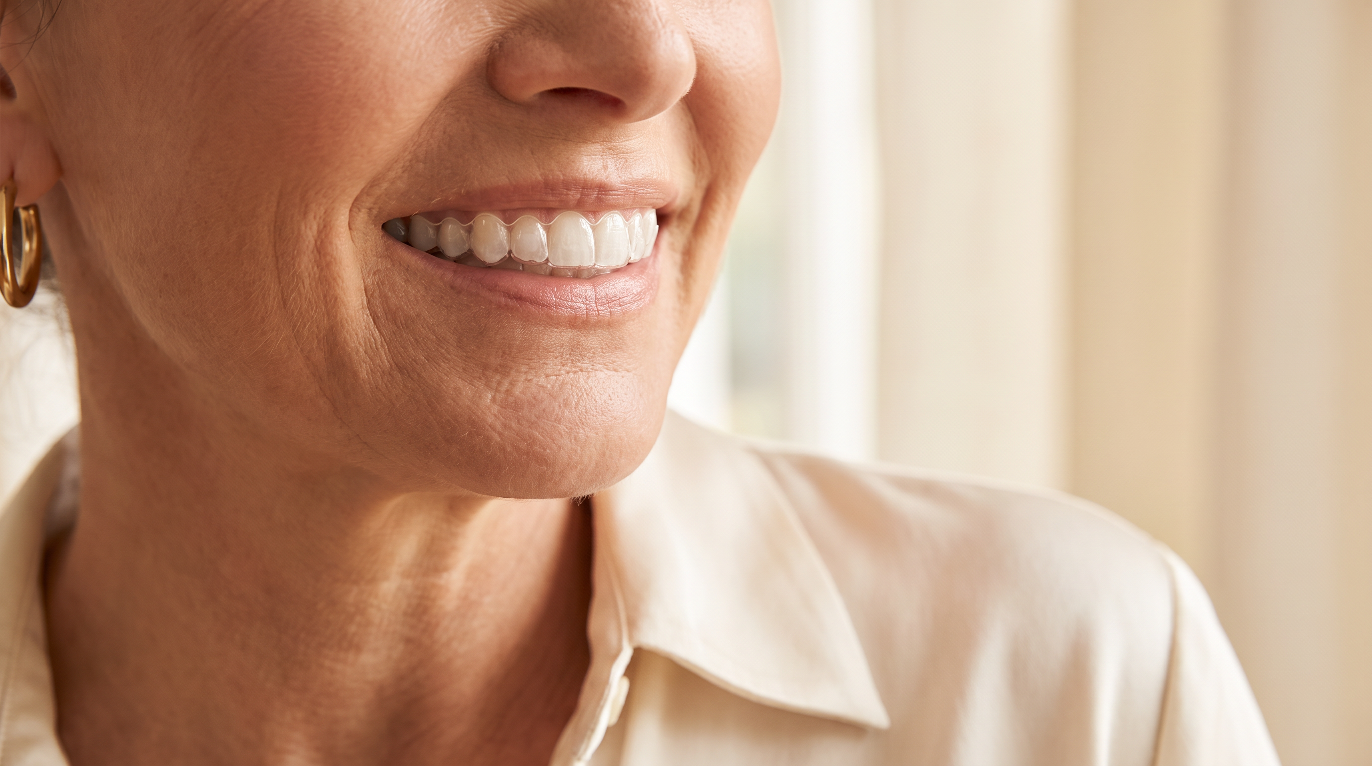 Mujer madura sonriendo con su alineador Invisalign puesto, prácticamente invisible — la edad no es un límite para la ortodoncia