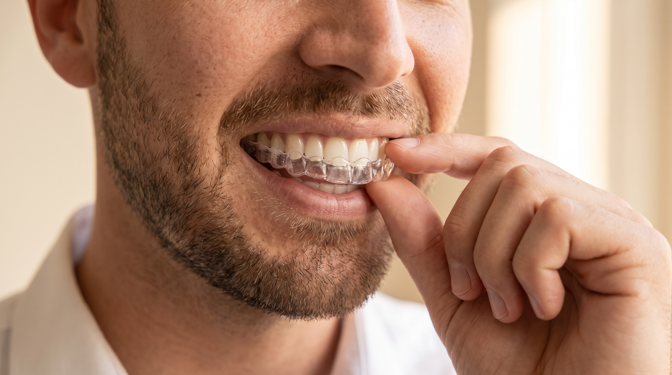 Hombre colocándose su alineador Invisalign transparente — la candidatura se confirma con la valoración y el escaneo 3D