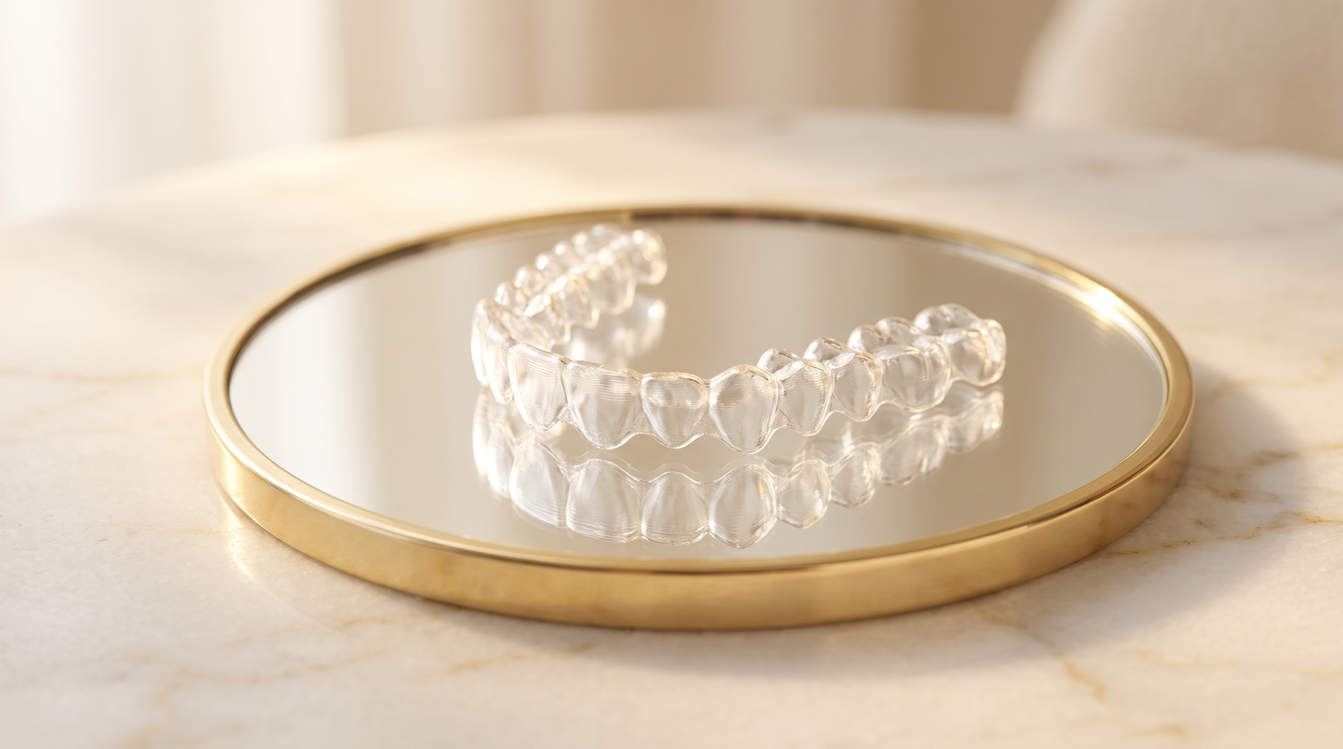 Alineador Invisalign transparente sobre un espejo dorado — ¿soy candidato para el tratamiento de ortodoncia invisible en Bogotá?