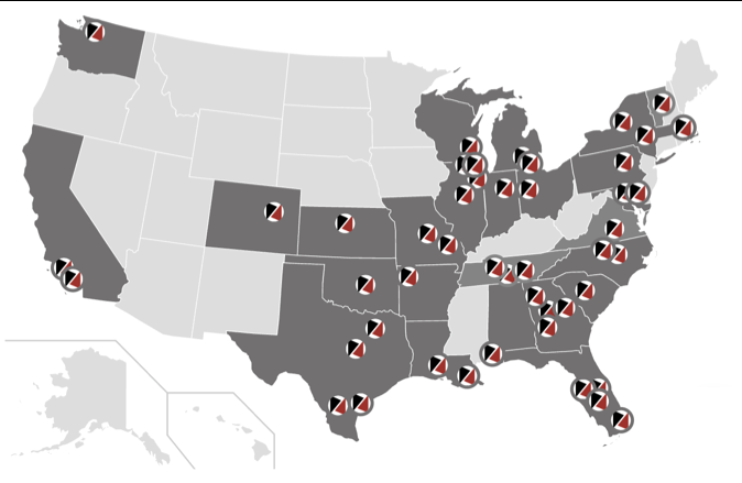 Map of the United States highlighting states with NextGen Benefits partner firms