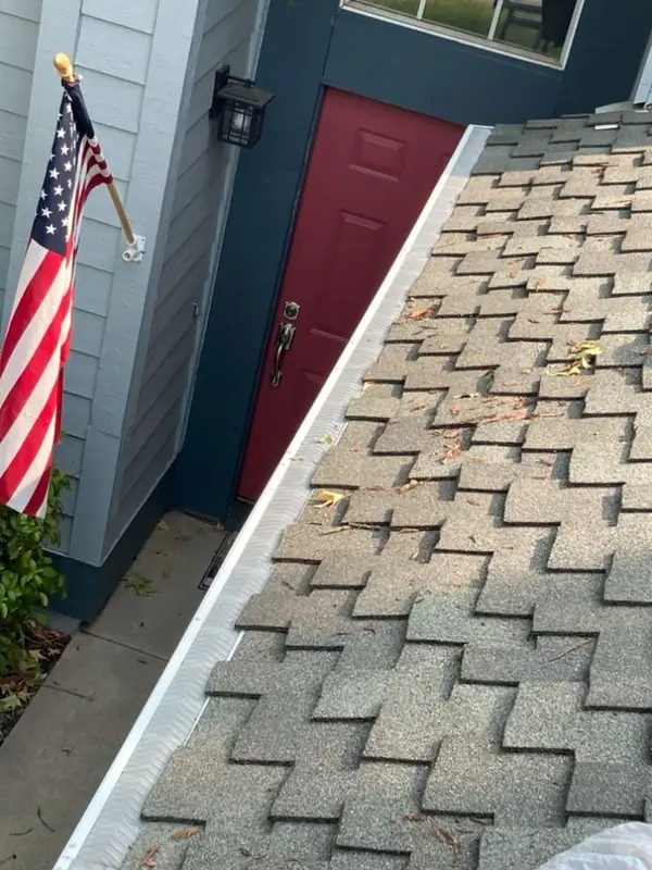 Gutter guard installed along a residential roof edge