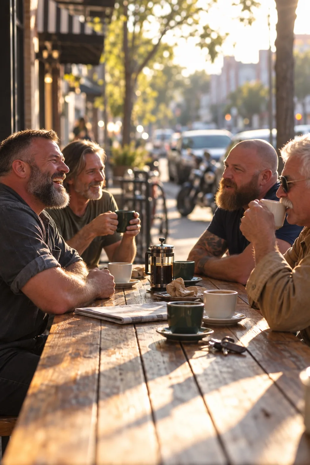 Four men talking over coffee at an outdoor cafe table