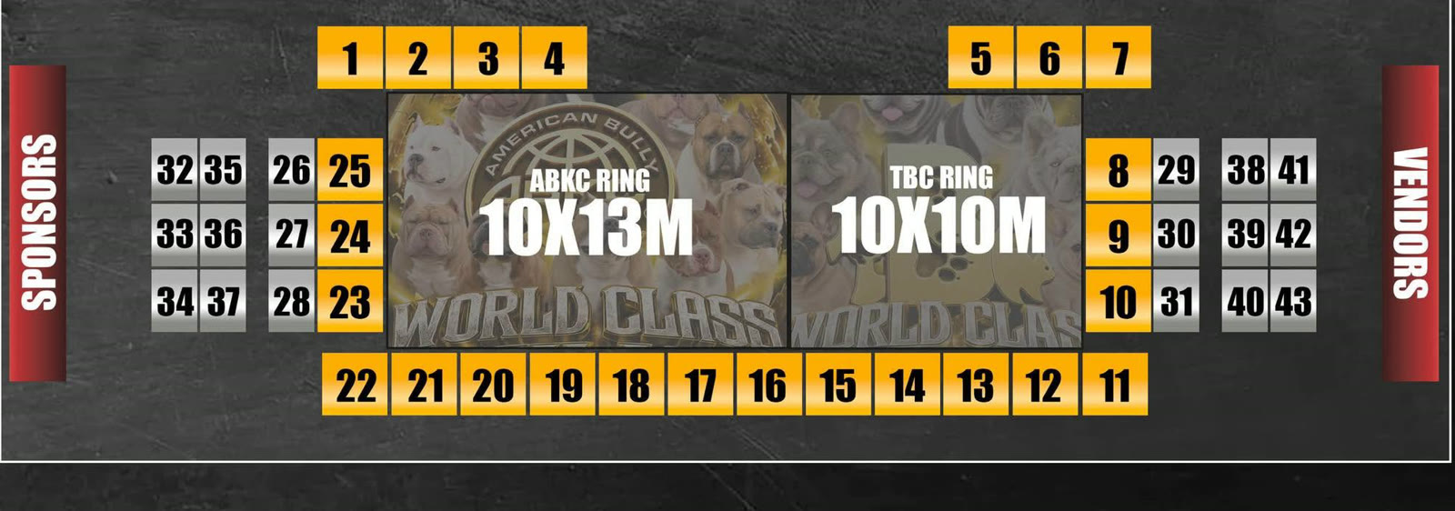 WCBF event floor plan: ABKC ring, TBC ring, vendor and sponsor booths
