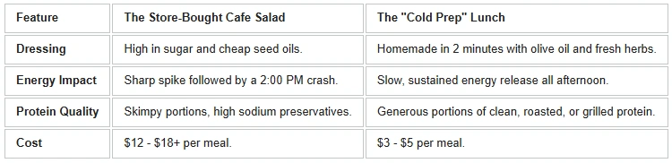 Comparison table showing the benefits of healthy cold meal prep lunches over expensive store-bought cafe salads in terms of dressing, energy impact, protein quality, and cost.