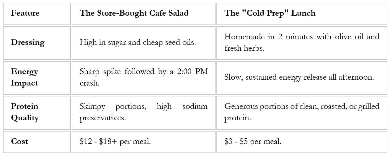 Comparison table showing the benefits of healthy cold meal prep lunches over expensive store-bought cafe salads in terms of dressing, energy impact, protein quality, and cost. Comparison table showing the benefits of healthy cold meal prep lunches over expensive store-bought cafe salads in terms of dressing, energy impact, protein quality, and cost.