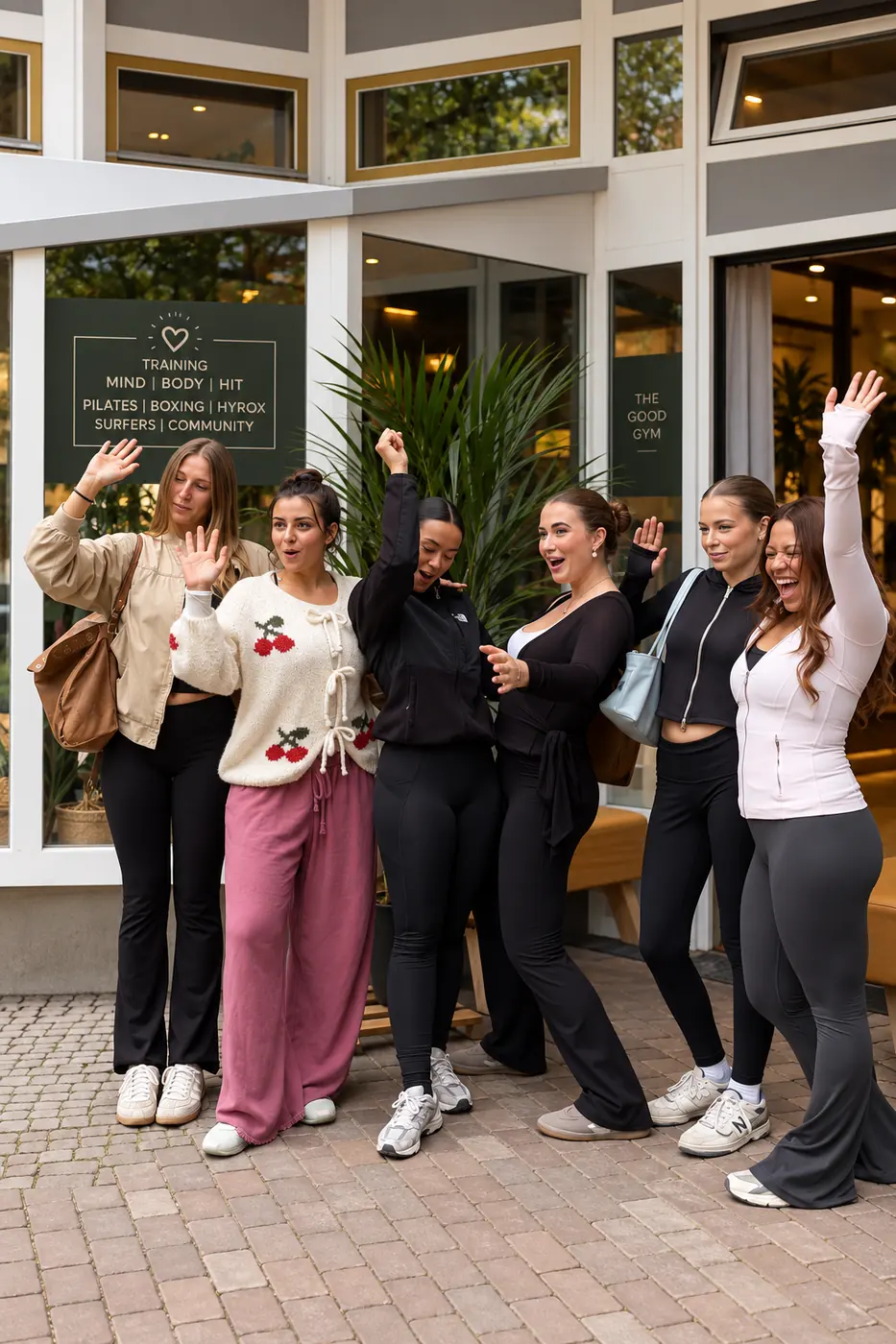 A group of women laughing and waving together outside The Good Gym studio in Maxvorstadt
