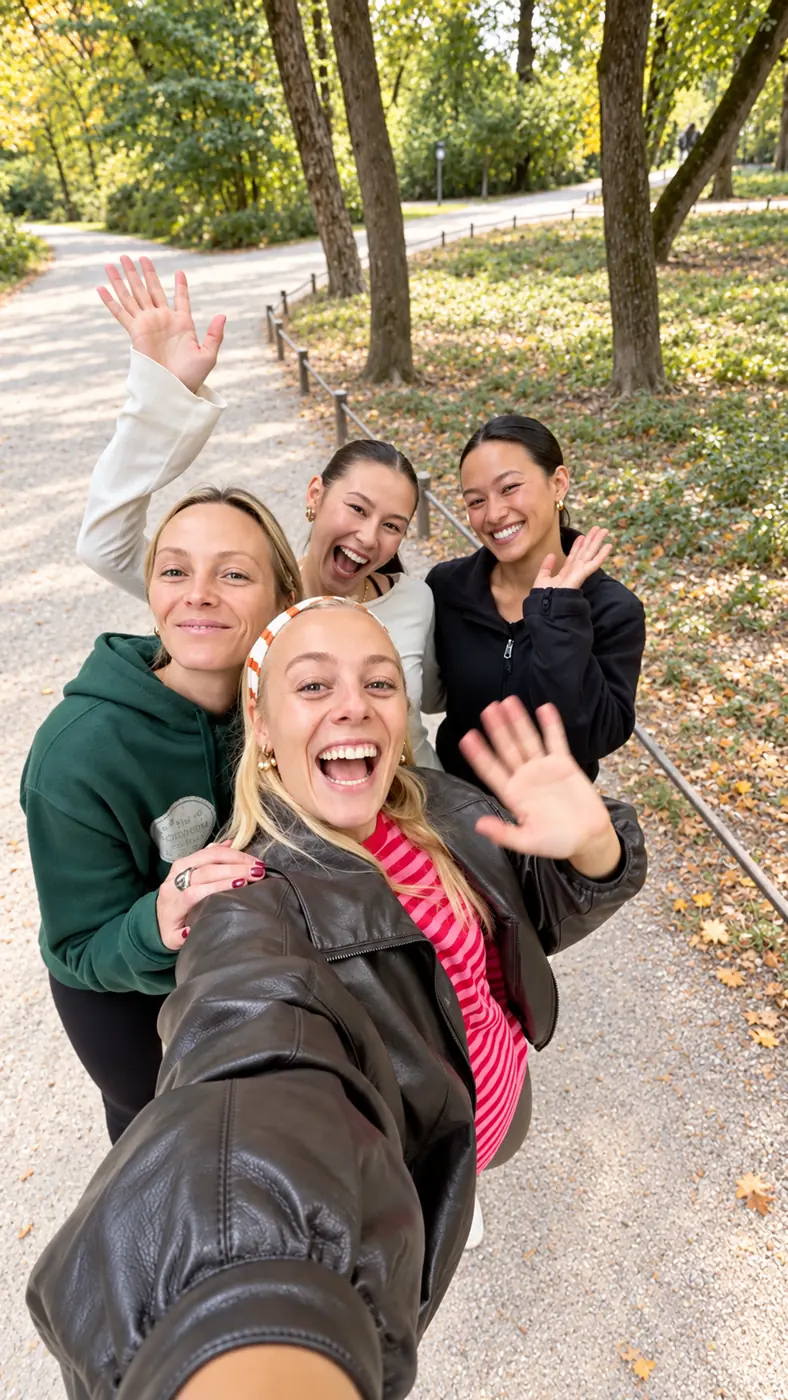 Four women laughing and waving in a selfie on a walk through the park