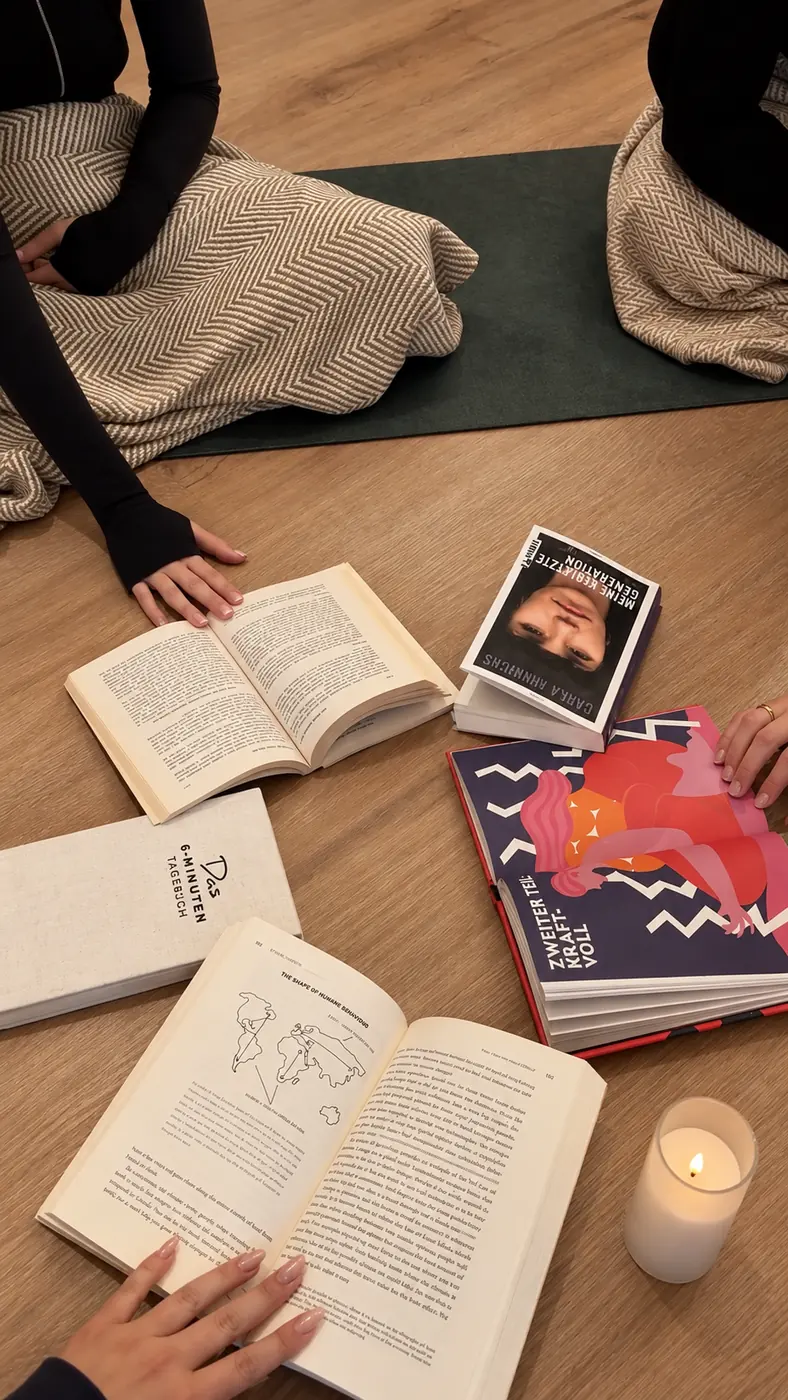 Women sitting together on the studio floor sharing books by candlelight