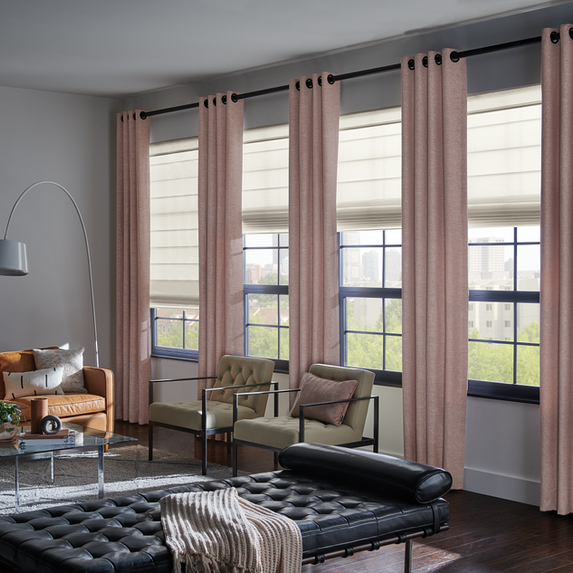 Living area with four windows and open blinds