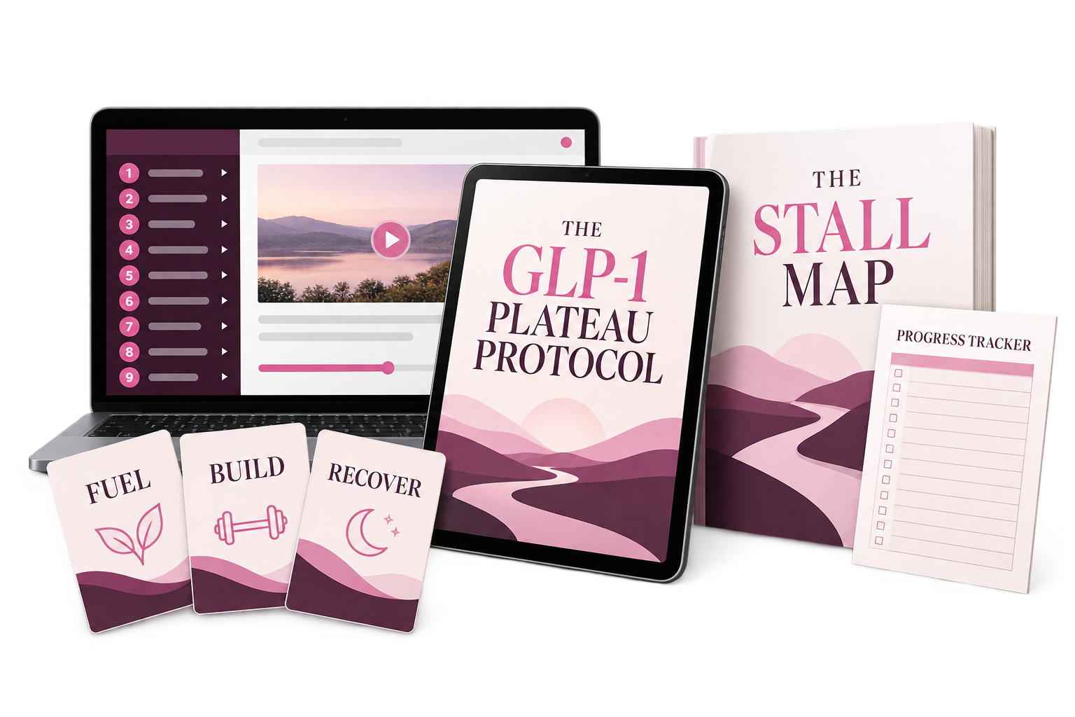 The GLP-1 Plateau Protocol digital course, Stall Map, progress tracker, and Fuel Build Recover cards
