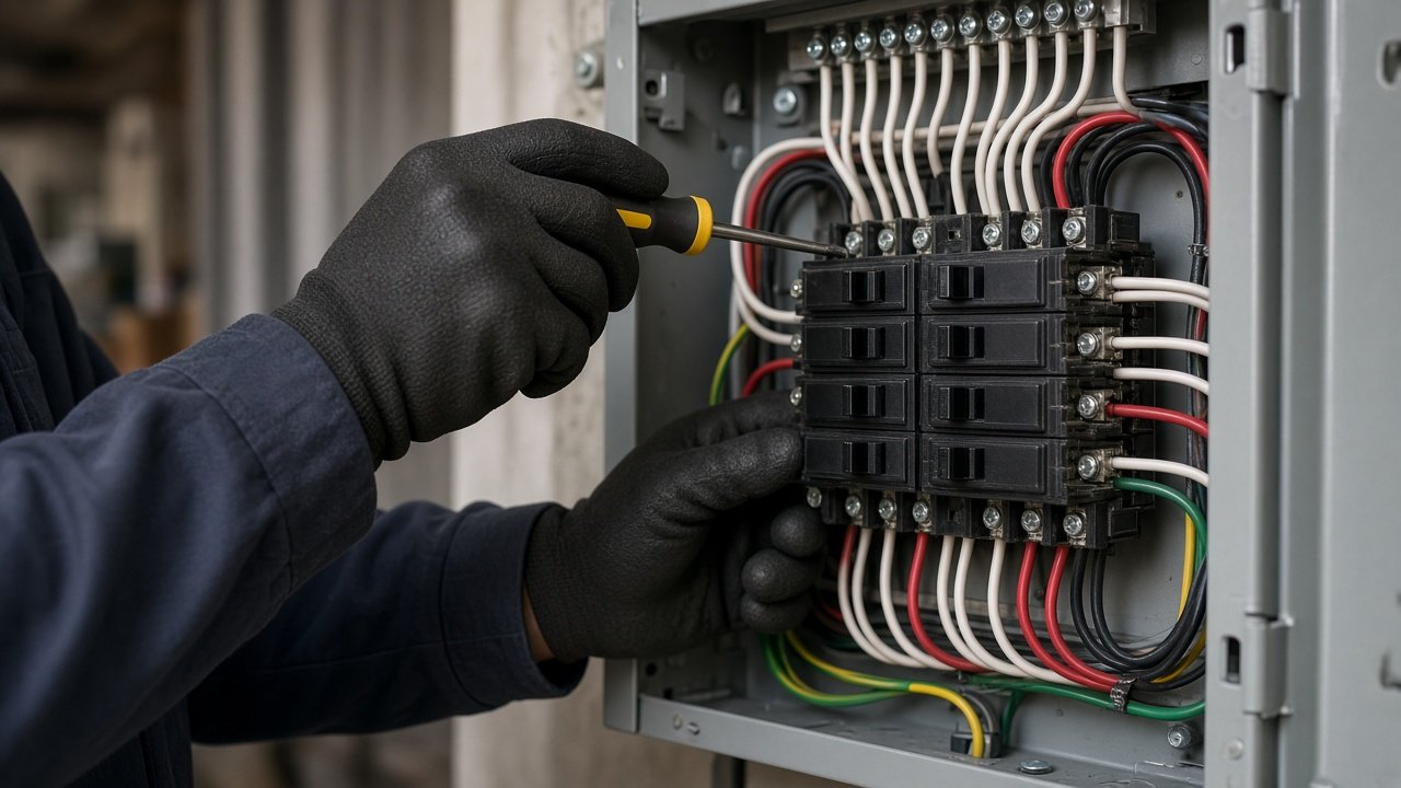 Electrician working on the wiring inside a home breaker panel