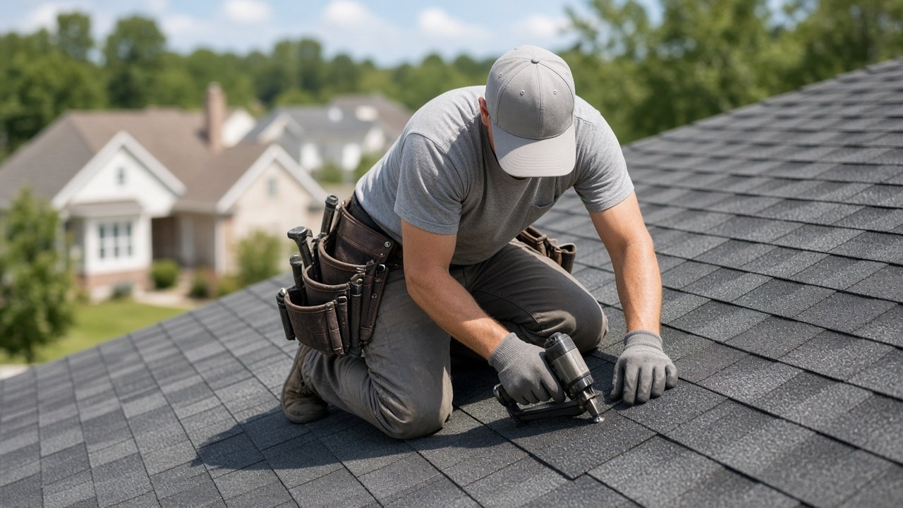 Roofer nailing new asphalt shingles on a home’s roof