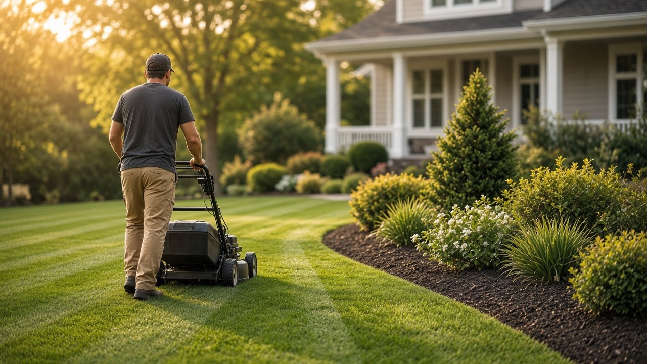 Landscaper mowing a striped front lawn beside fresh mulch beds