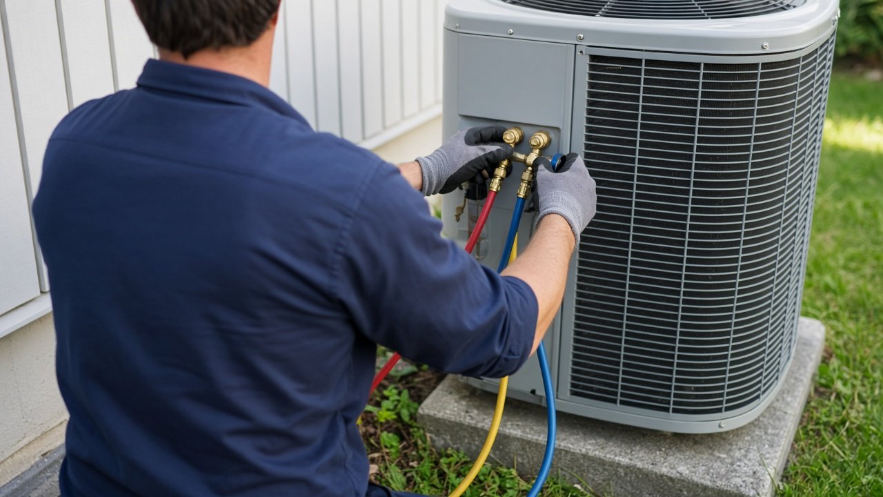 HVAC technician connecting gauges to an outdoor air conditioning unit