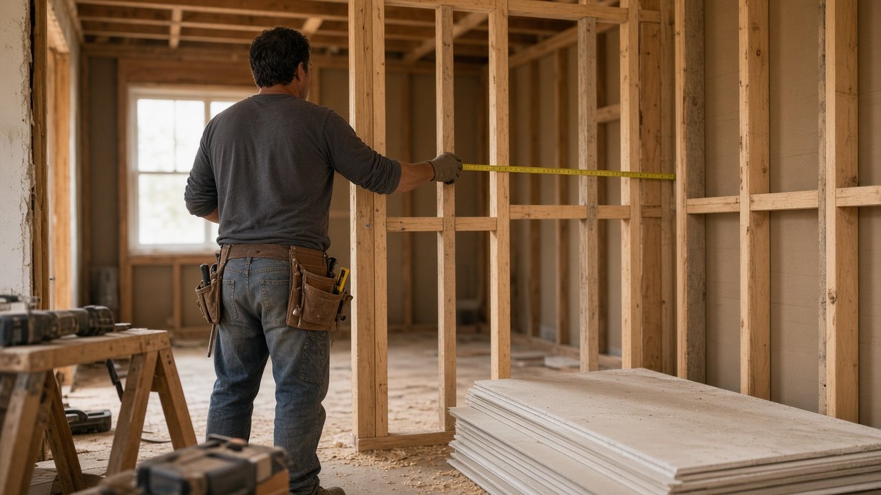 Contractor measuring new wall framing during a home remodel