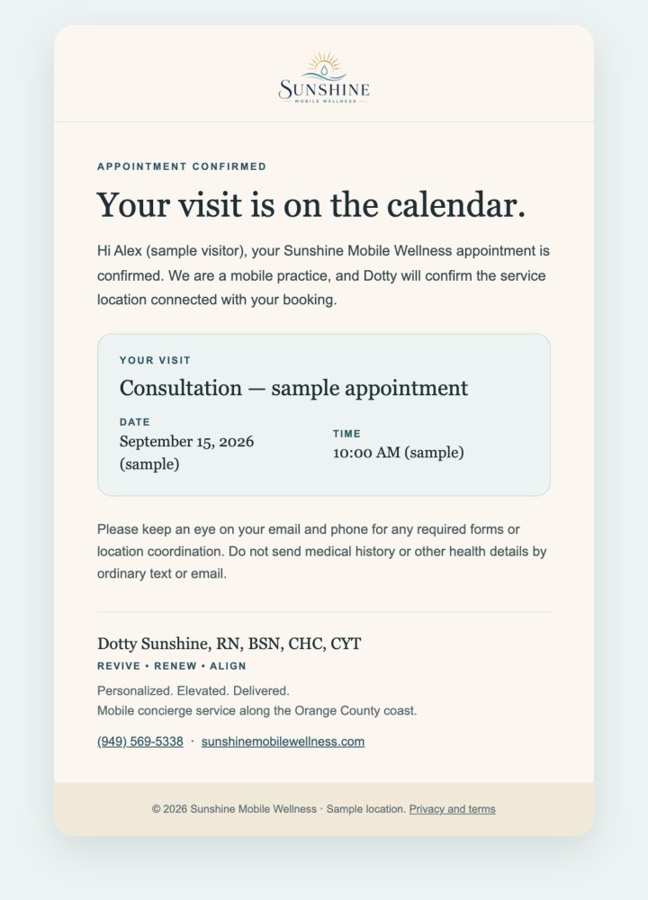 Sunshine Mobile Wellness appointment confirmation email with a fictional sample visitor, consultation date and appointment time.