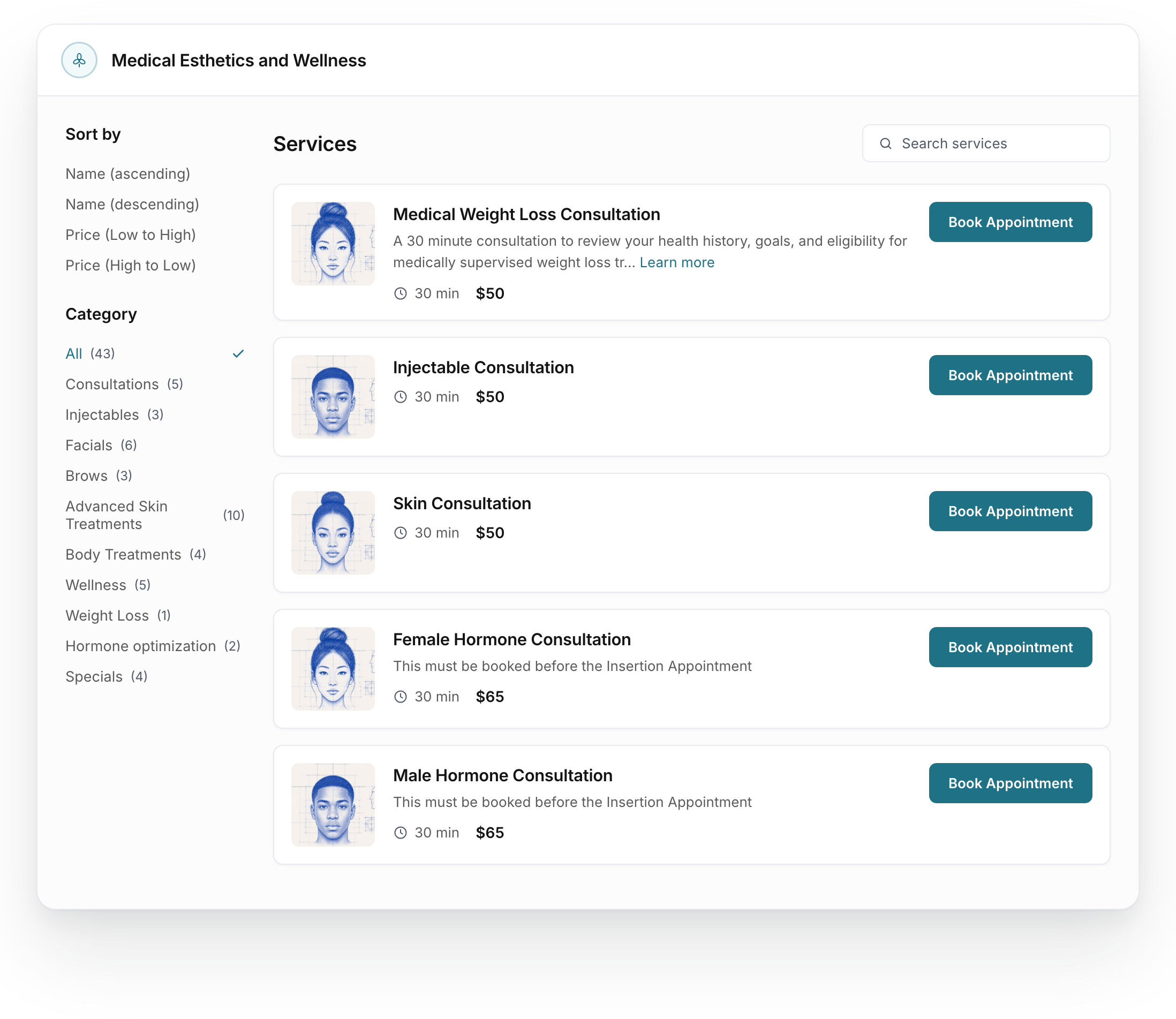 Services V2: Choose a service. Fictional sample data.
