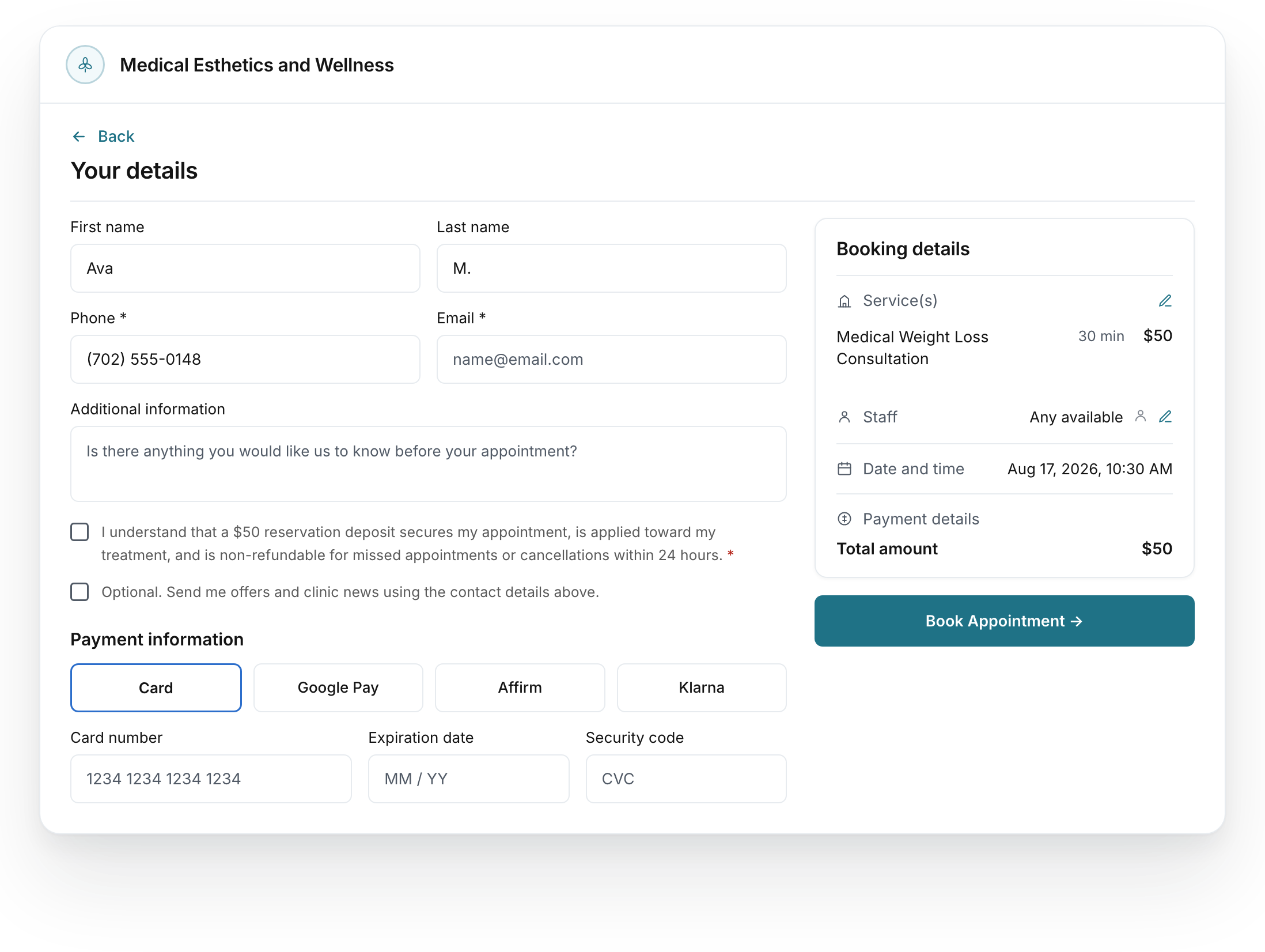 Booking checkout with appointment details and configured payment fields.