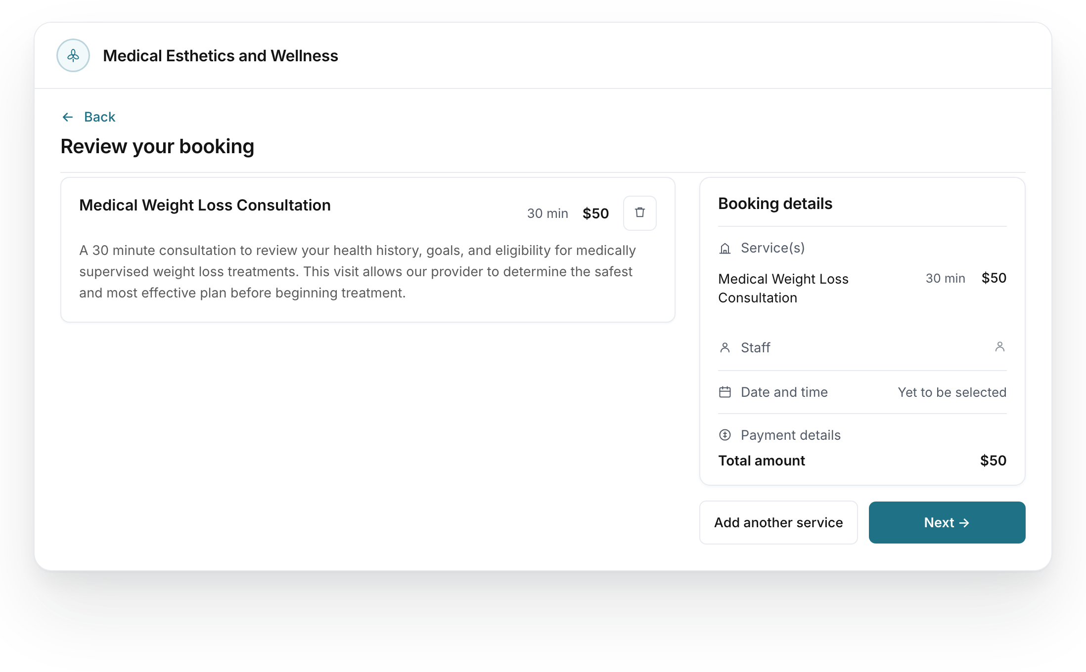 Booking review with the selected service and appointment details.