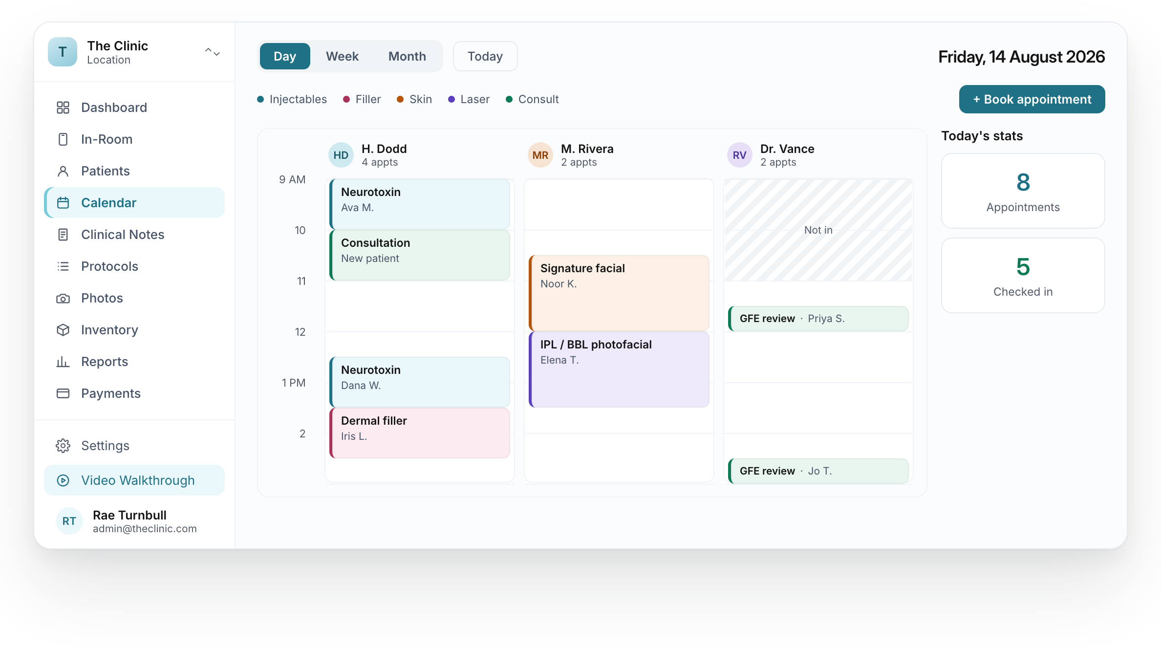 EMR calendar with fictional providers and appointment records