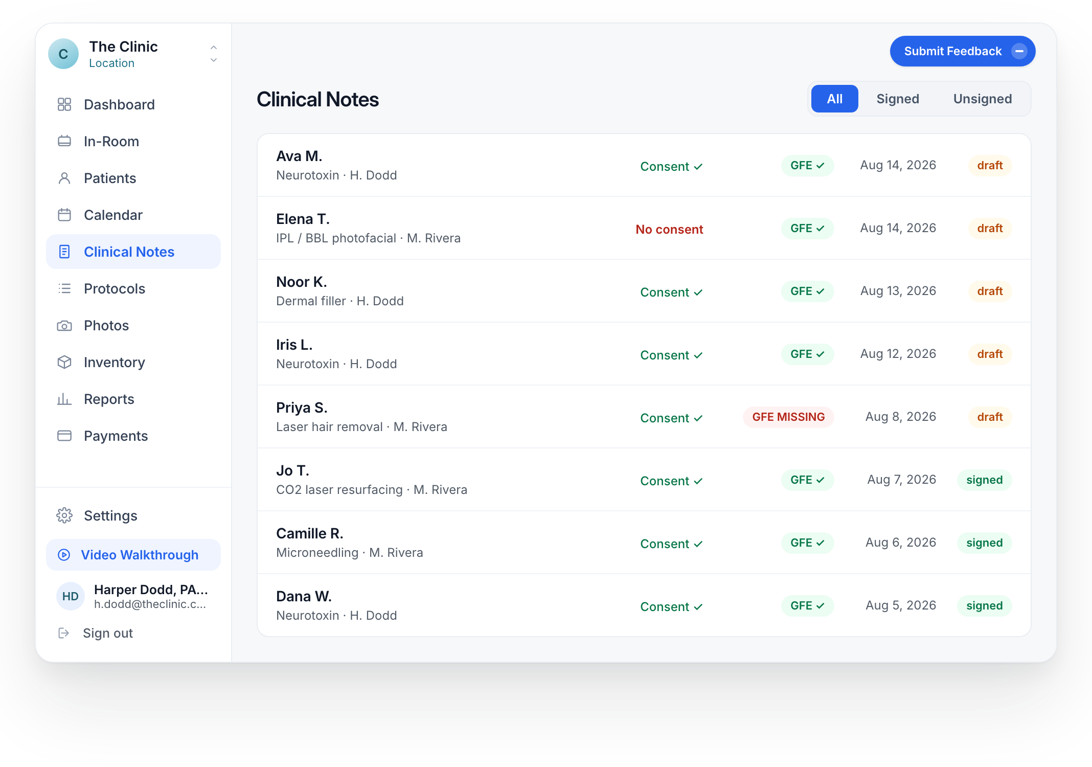 EMR clinical notes list with sample records and consent statuses