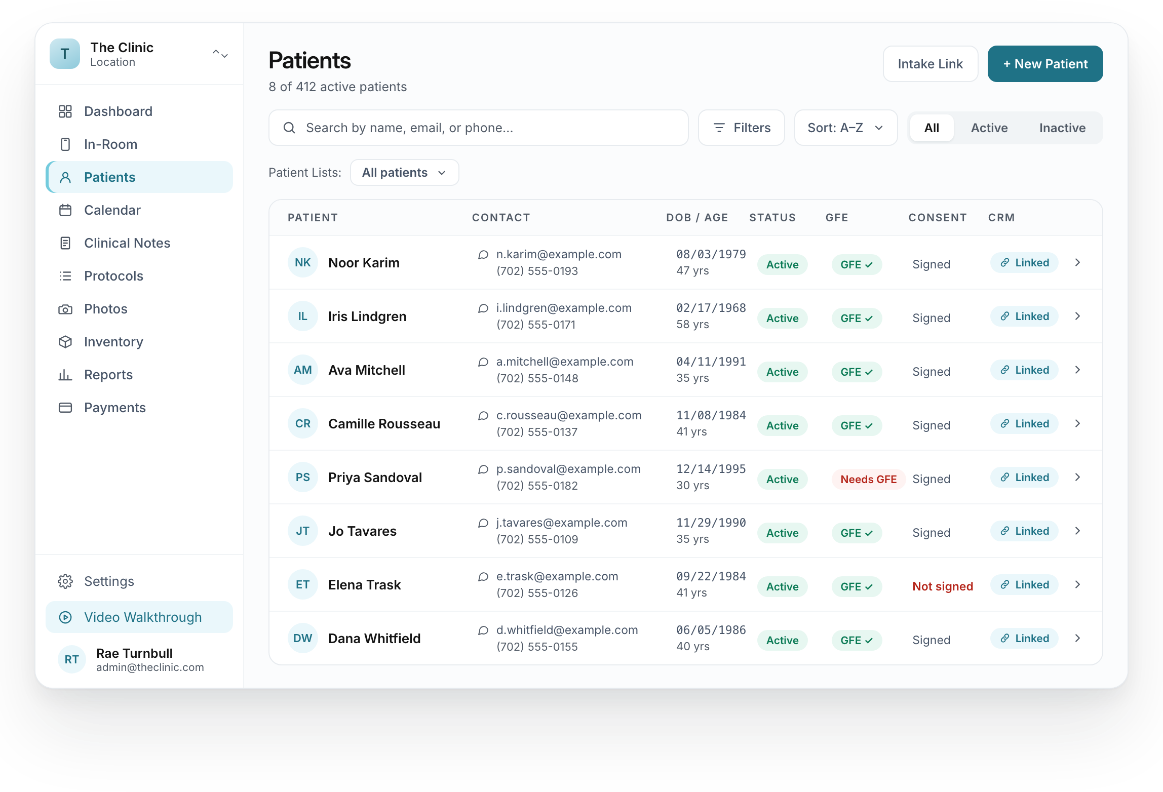 A patient list in the clinical workspace with fictional patient records.