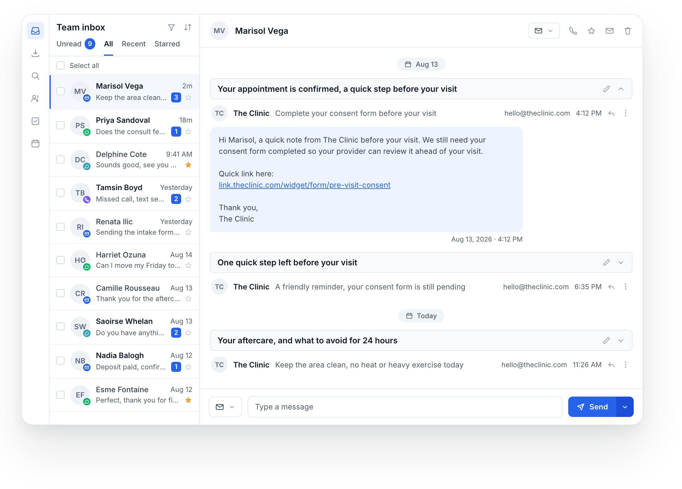 A team inbox with a sample message thread beside the conversation list.