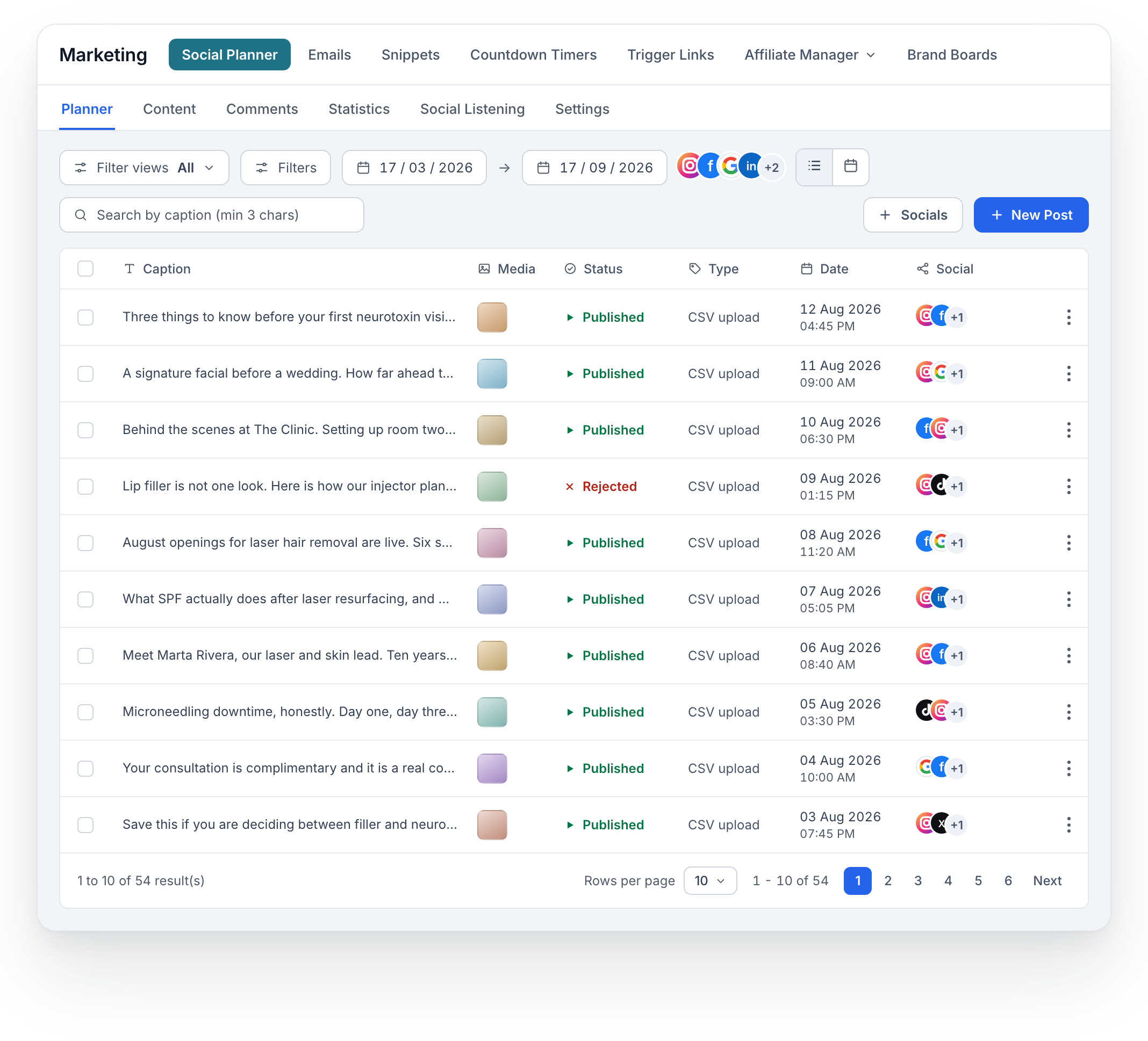 Social Planner list with post captions, publication statuses, dates and social account icons.