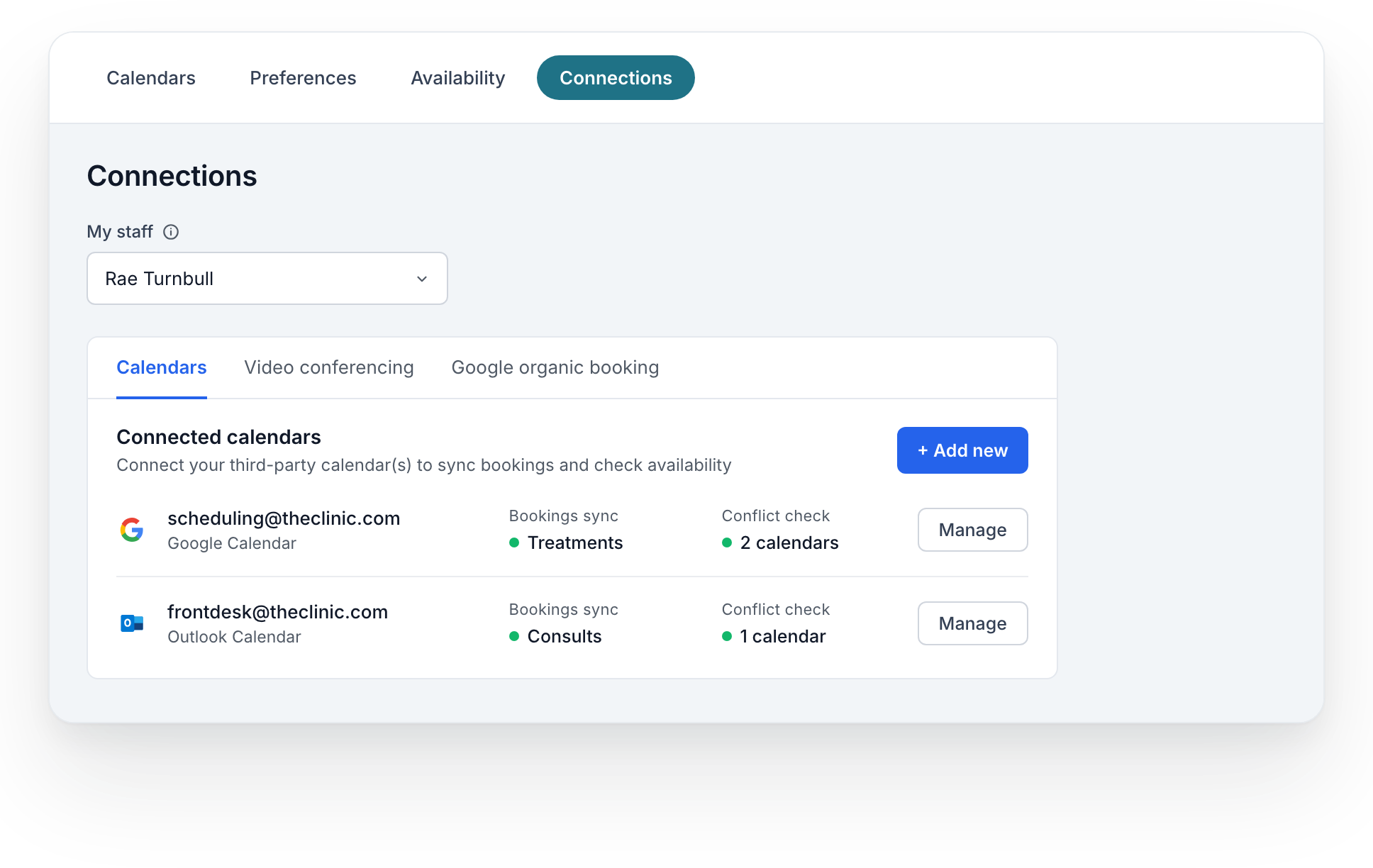 Calendar connection settings with sample connected accounts.