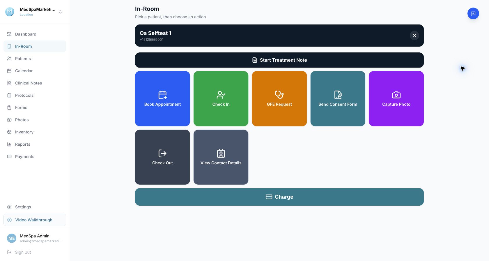 Native In-Room workspace with its visit actions, using an existing demonstration patient.