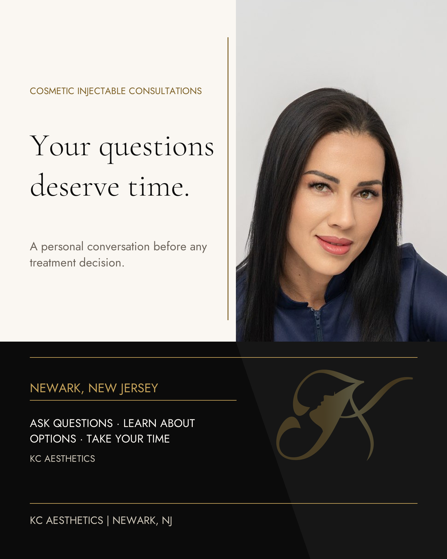 KC Aesthetics consultation creative with Kenia’s portrait and the headline Your questions deserve time.
