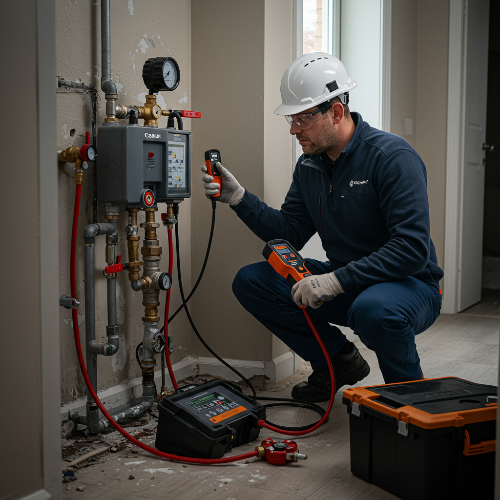 Engineer replacing a section of copper gas pipe
