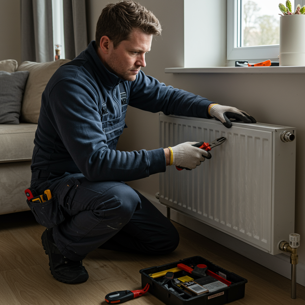 Engineer installing and balancing a new radiator in a Glasgow home