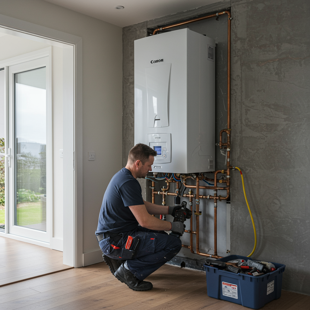 Gas Safe engineer installing a new combi boiler in a Glasgow home