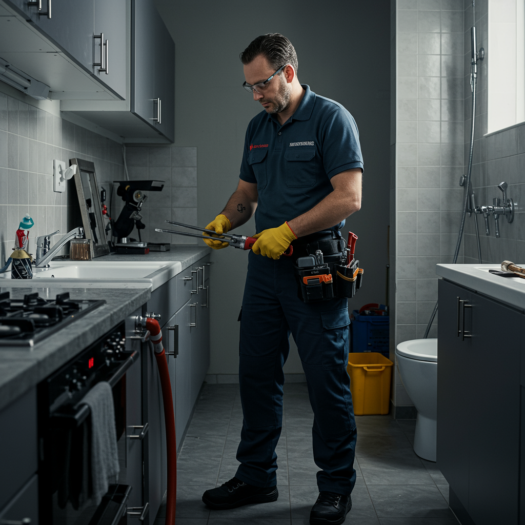 Plumber replacing a kitchen sink waste and trap
