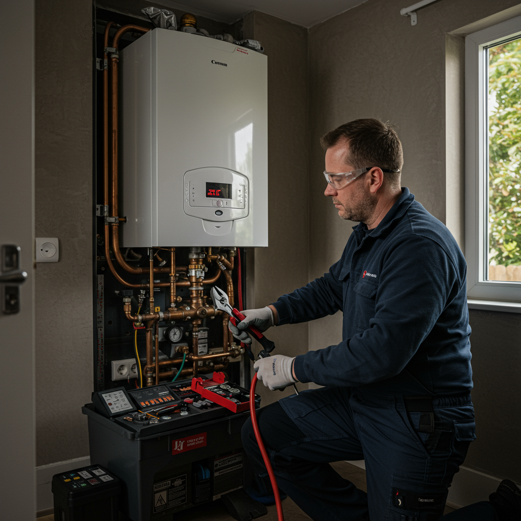 Gas Safe engineer servicing a combi boiler in a Glasgow home