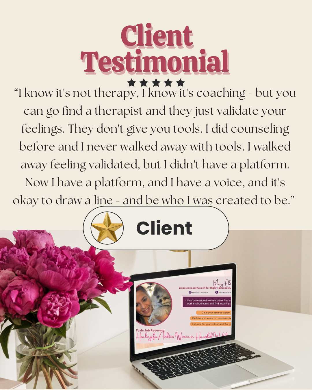 Client testimonial: coaching gave her tools, a voice, and permission to draw a line, beyond the validation she got in counseling