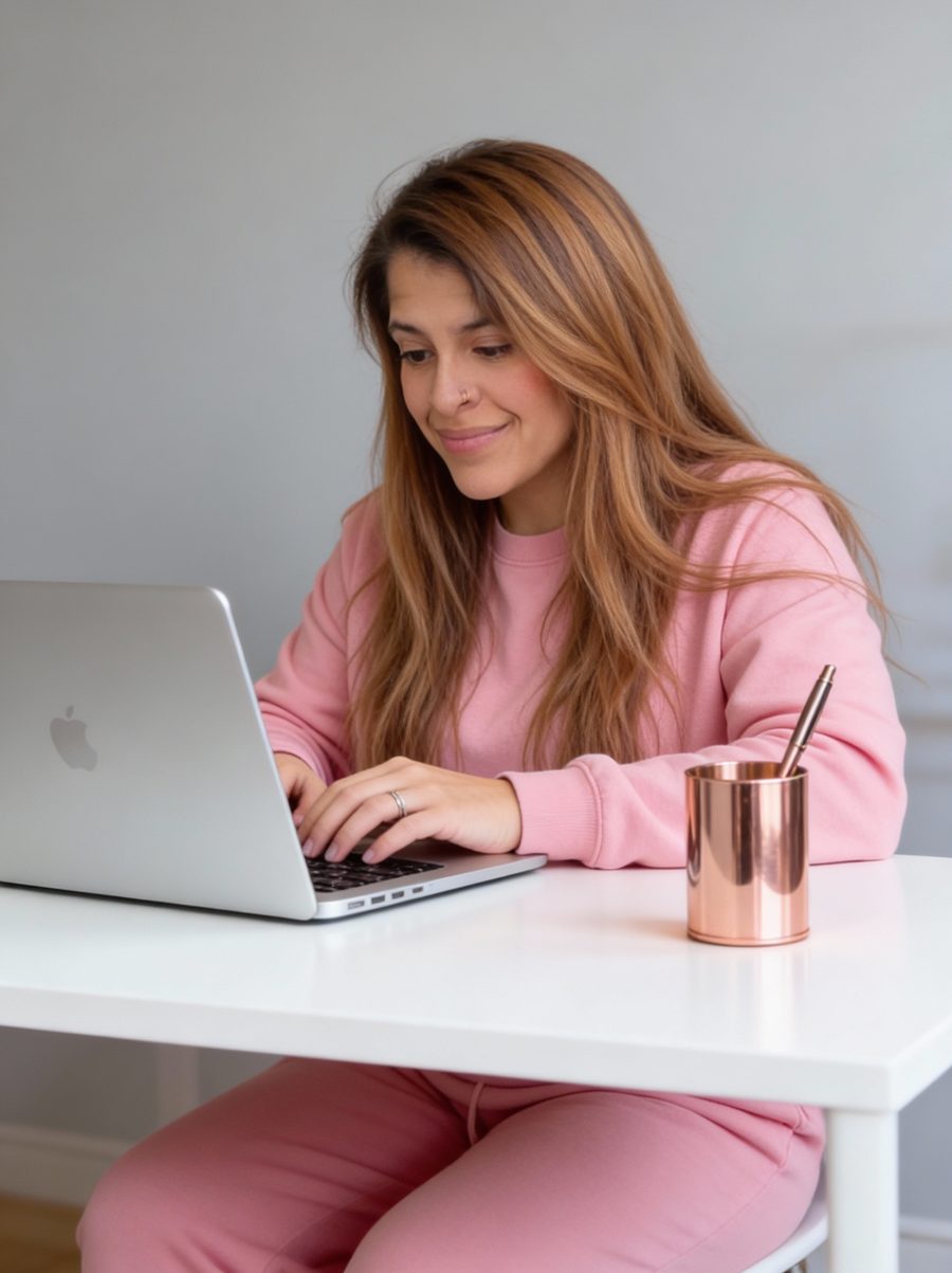 Mary Eldridge working at a white desk with her laptop