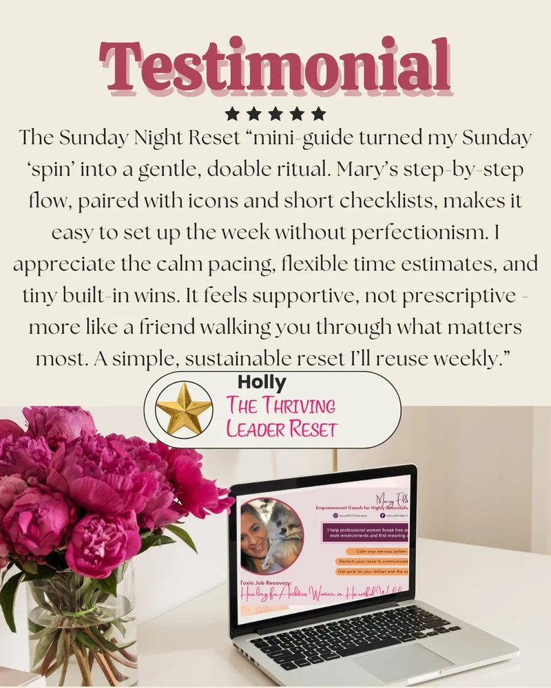 Client review of the Sunday Night Reset mini-guide: a calm, doable weekly ritual that settles Sunday night dread