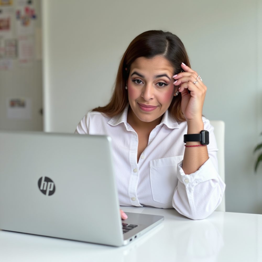 Mary Eldridge, licensed clinical social worker and workplace trauma coach, smiling at her laptop at a white desk
