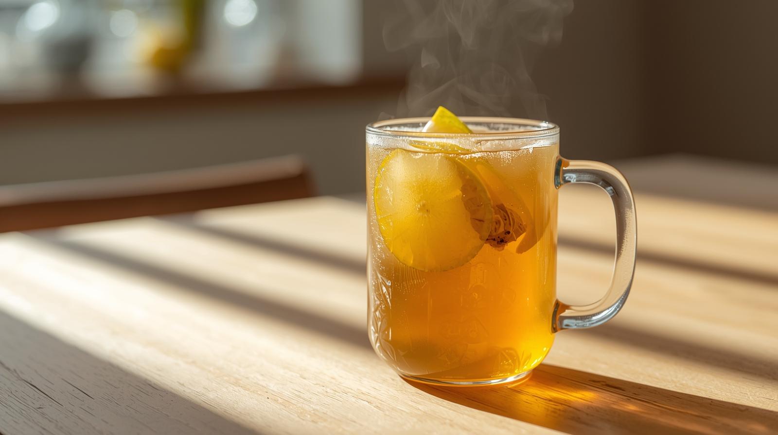 Warm homemade lemon ginger honey drink in a clear glass mug.